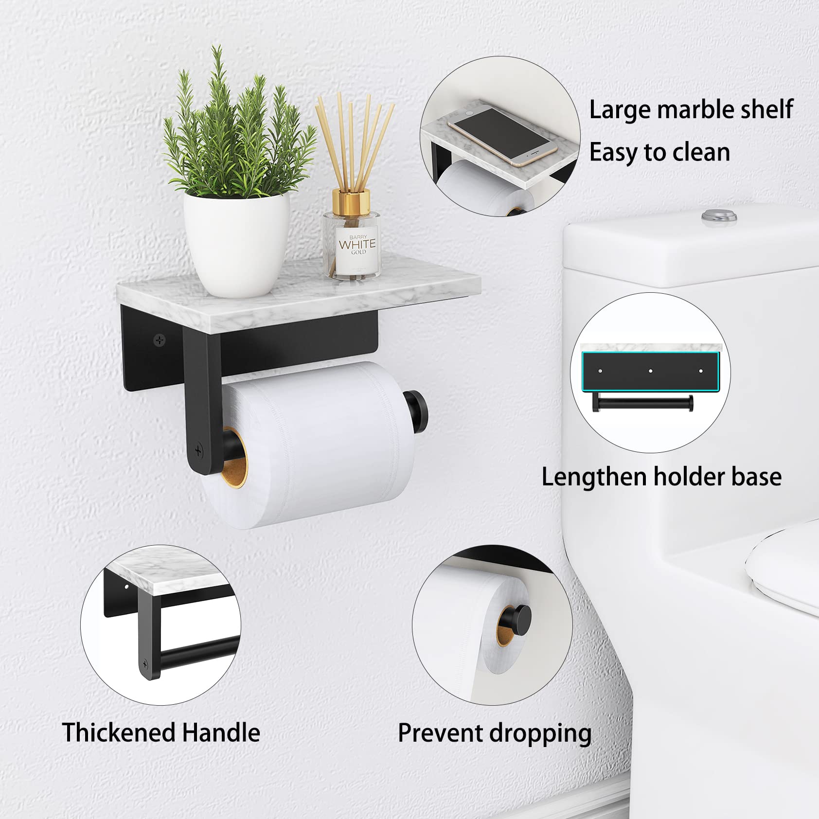 Gypie wall-mounted holder shows natural marble texture while keeping rolls accessible.