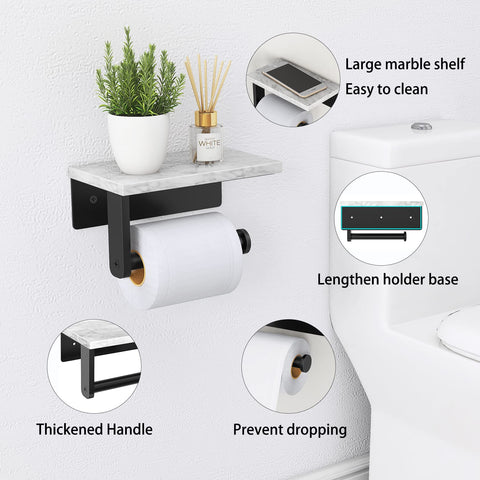 Gypie wall-mounted holder shows natural marble texture while keeping rolls accessible.