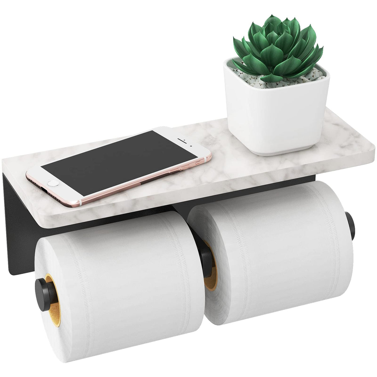 Gypie toilet paper holder with marble shelf in black adds durable bathroom storage.