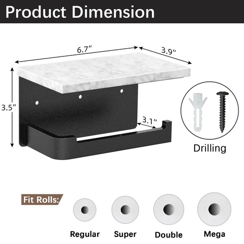 Gypie toilet paper holder with marble shelf provides extra space for small items.