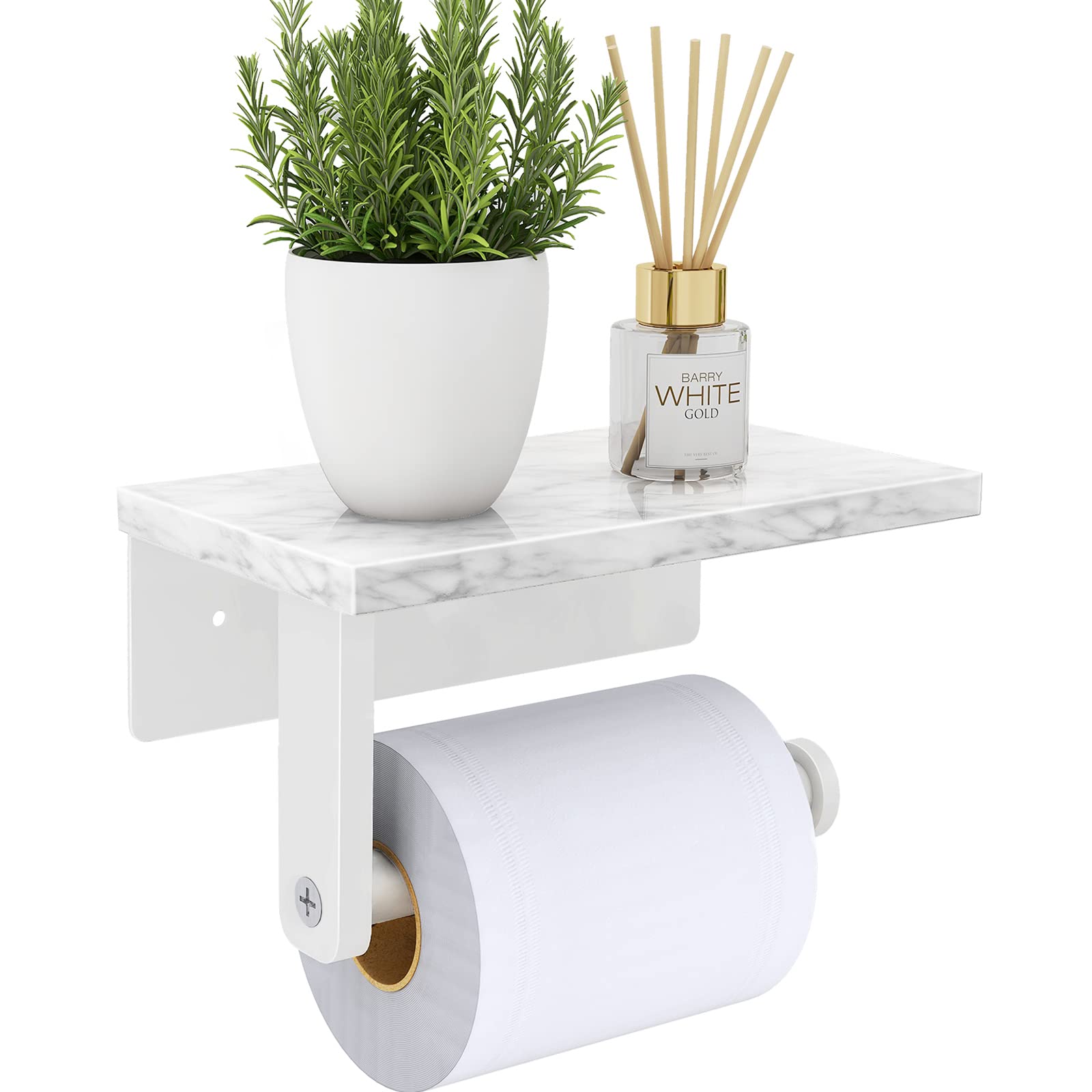 Gypie toilet paper holder with shelf showing natural marble texture for stylish bathroom organization