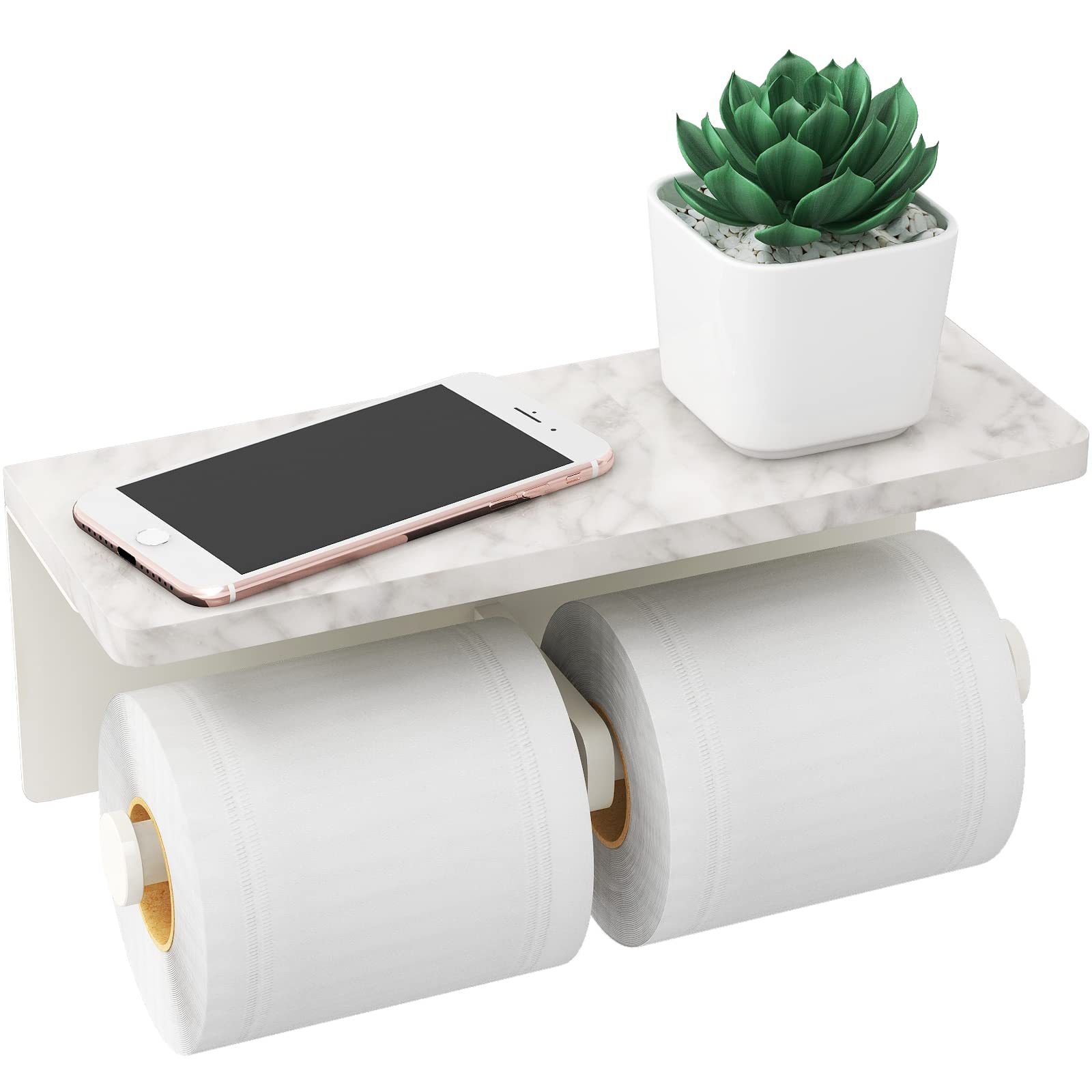 Gypie white marble toilet paper holder with shelf for stylish bathroom organization.