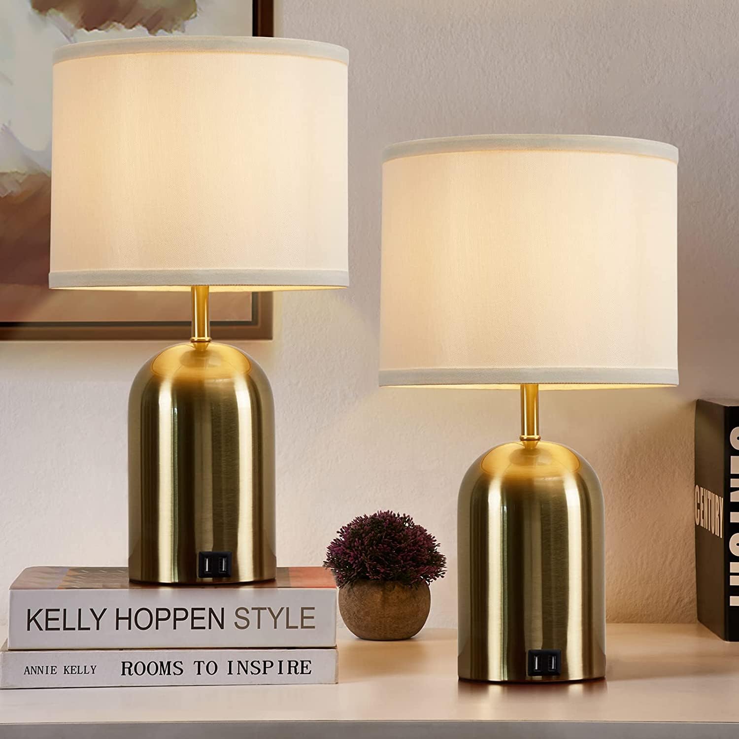 GyroVu touch-control table lamps set on table with warm ambient lighting and USB charging.