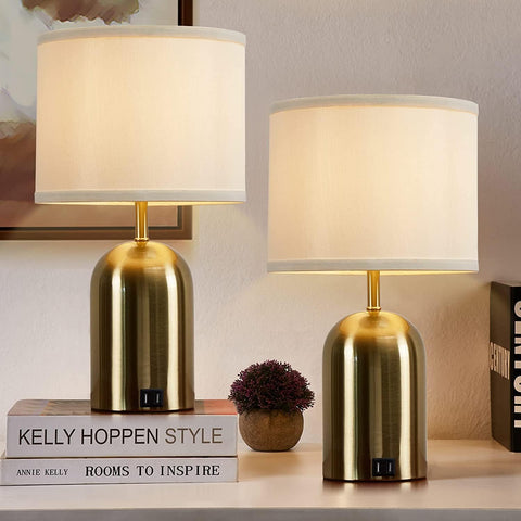 GyroVu touch-control table lamps set on table with warm ambient lighting and USB charging.