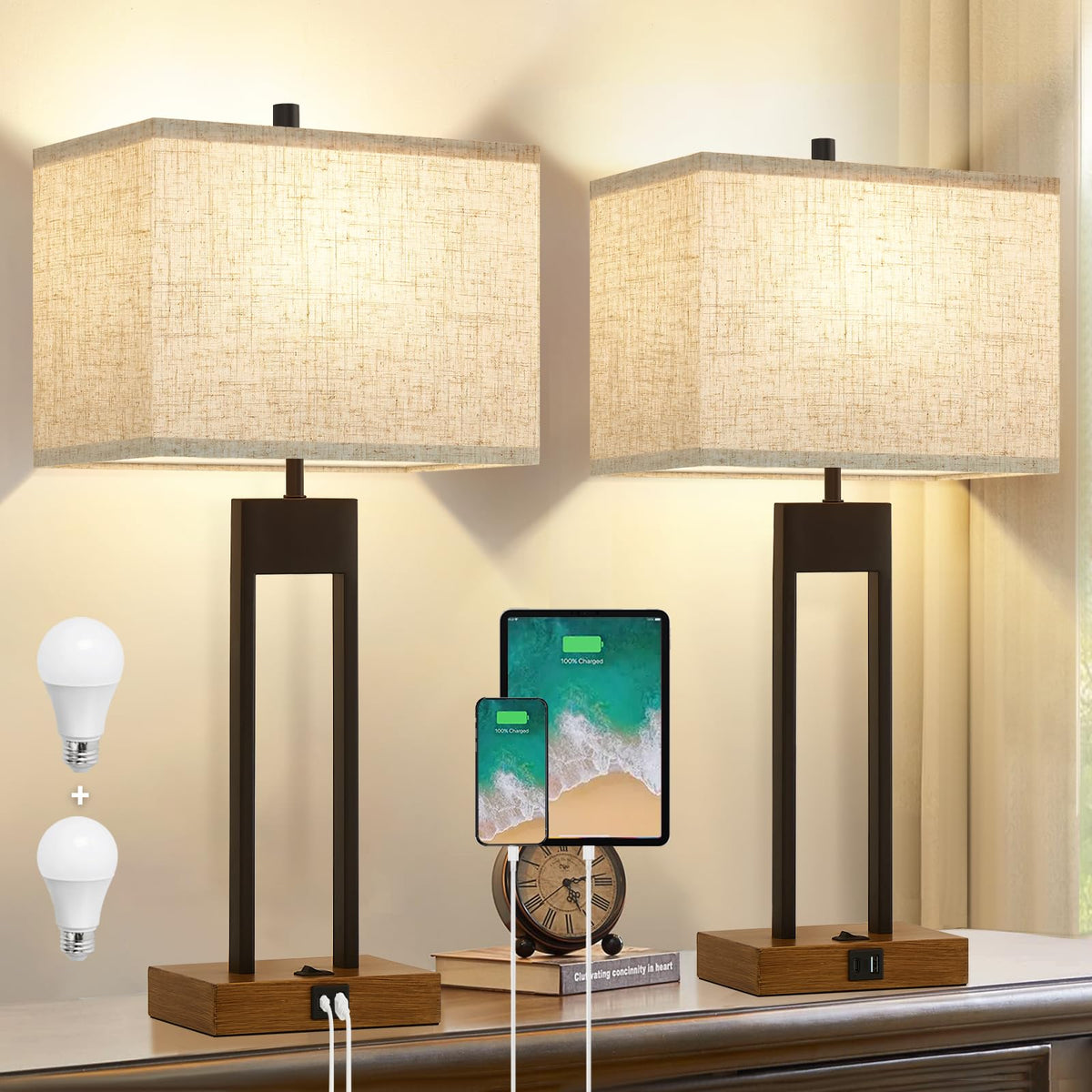 GyroVu set of two brown lamps with color changing light for versatile bedroom ambience
