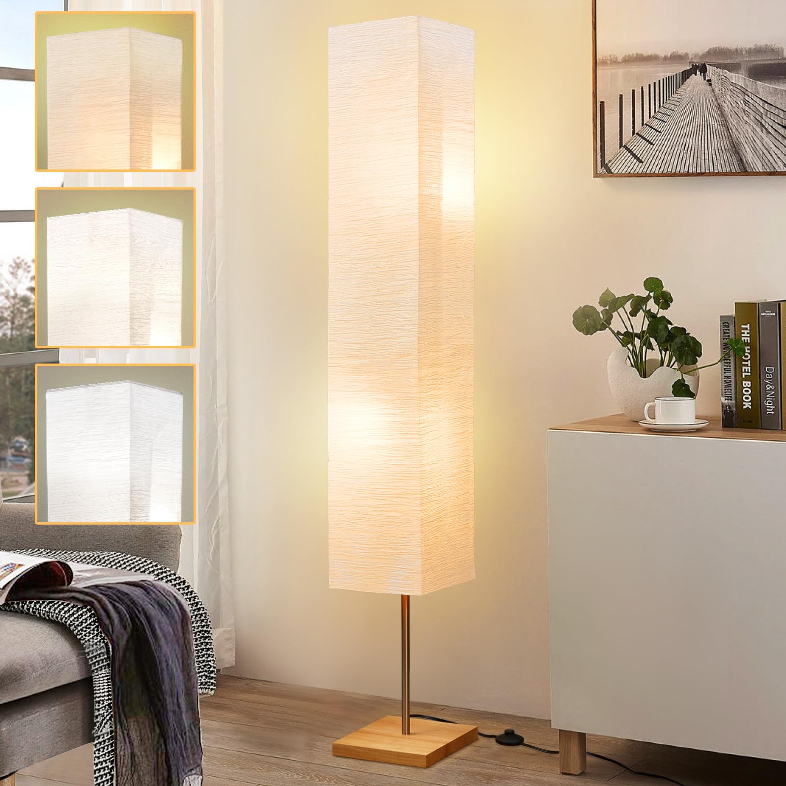 GyroVu 65-inch floor lamp base shows sturdy wooden support for stability.