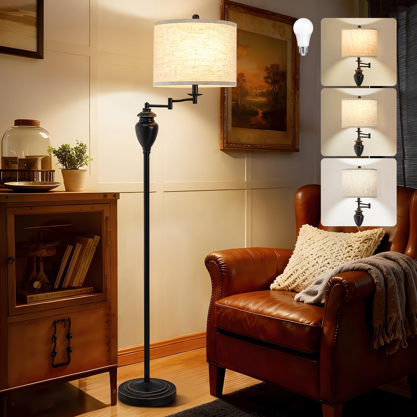 GyroVu floor lamp with 350° swing arm for targeted living room lighting.