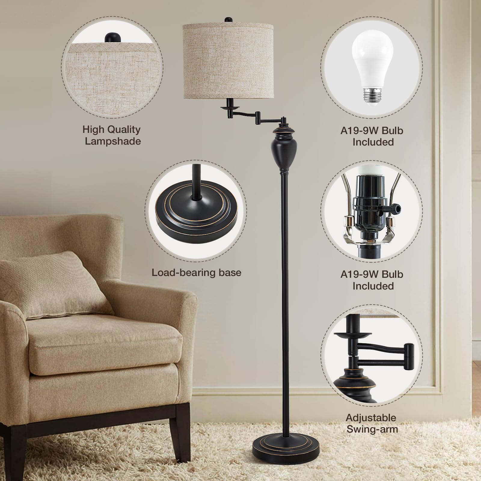 GyroVu beige linen shade floor lamp adds warm ambience to bedrooms.