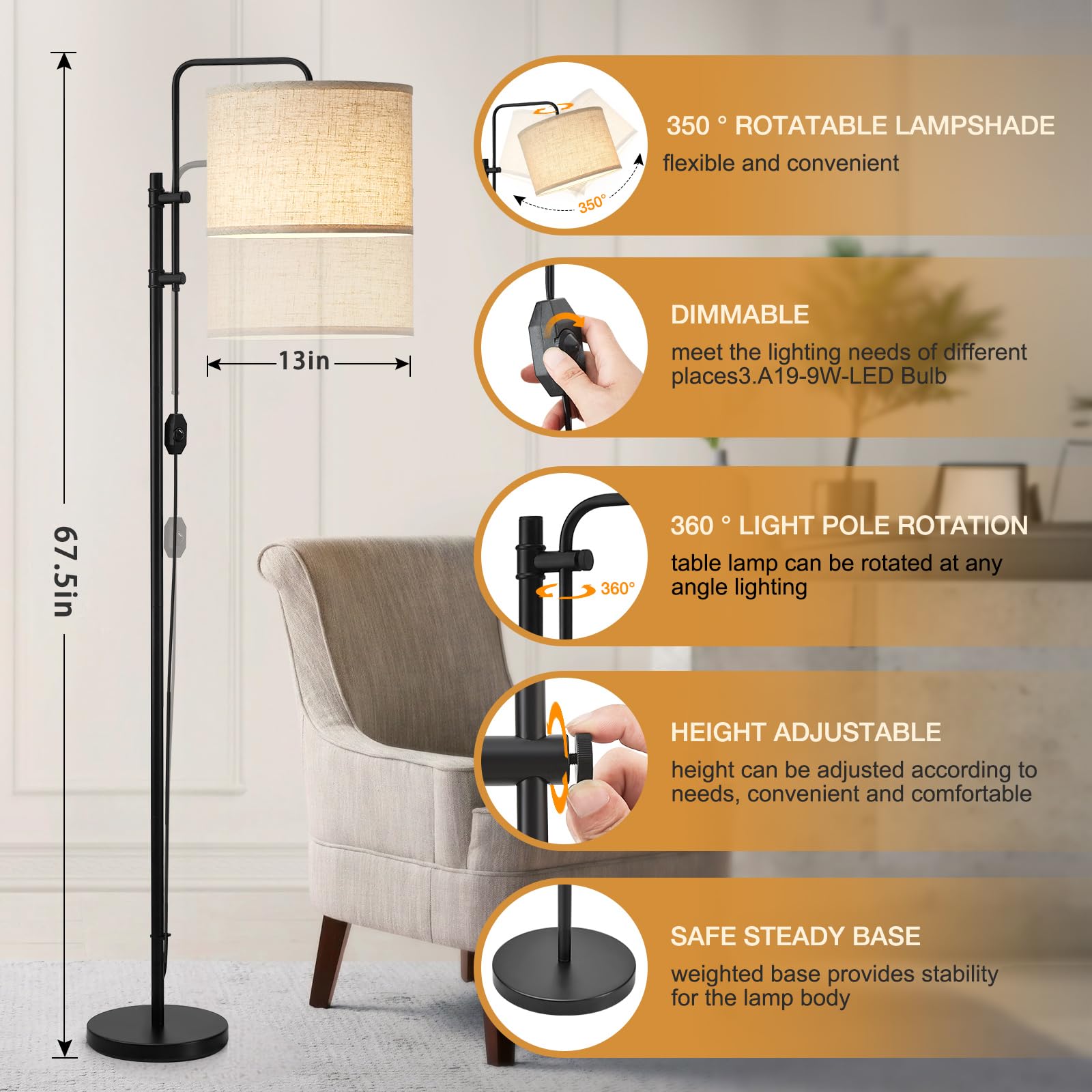GyroVu adjustable-height lamp showing up to 67.5 inches for versatile setup