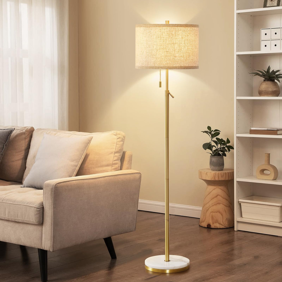 GyroVu marble-base floor lamp in gold finish adds elegant stability.