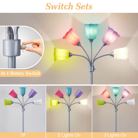 GyroVu Medusa lamp shows six color tulip shades for colorful room accents.