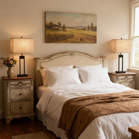 GyroVu nightstand lamps feature black metal poles for durable bedside lighting.