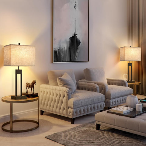 GyroVu nightstand lamps with rectangle fabric shades for soft illumination.