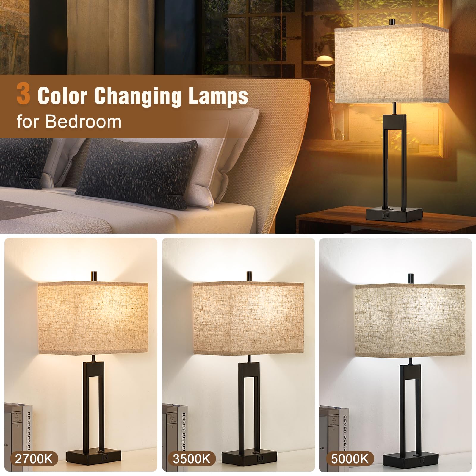 GyroVu nightstand lamps with two dimmable 9W LED bulbs for steady lighting.