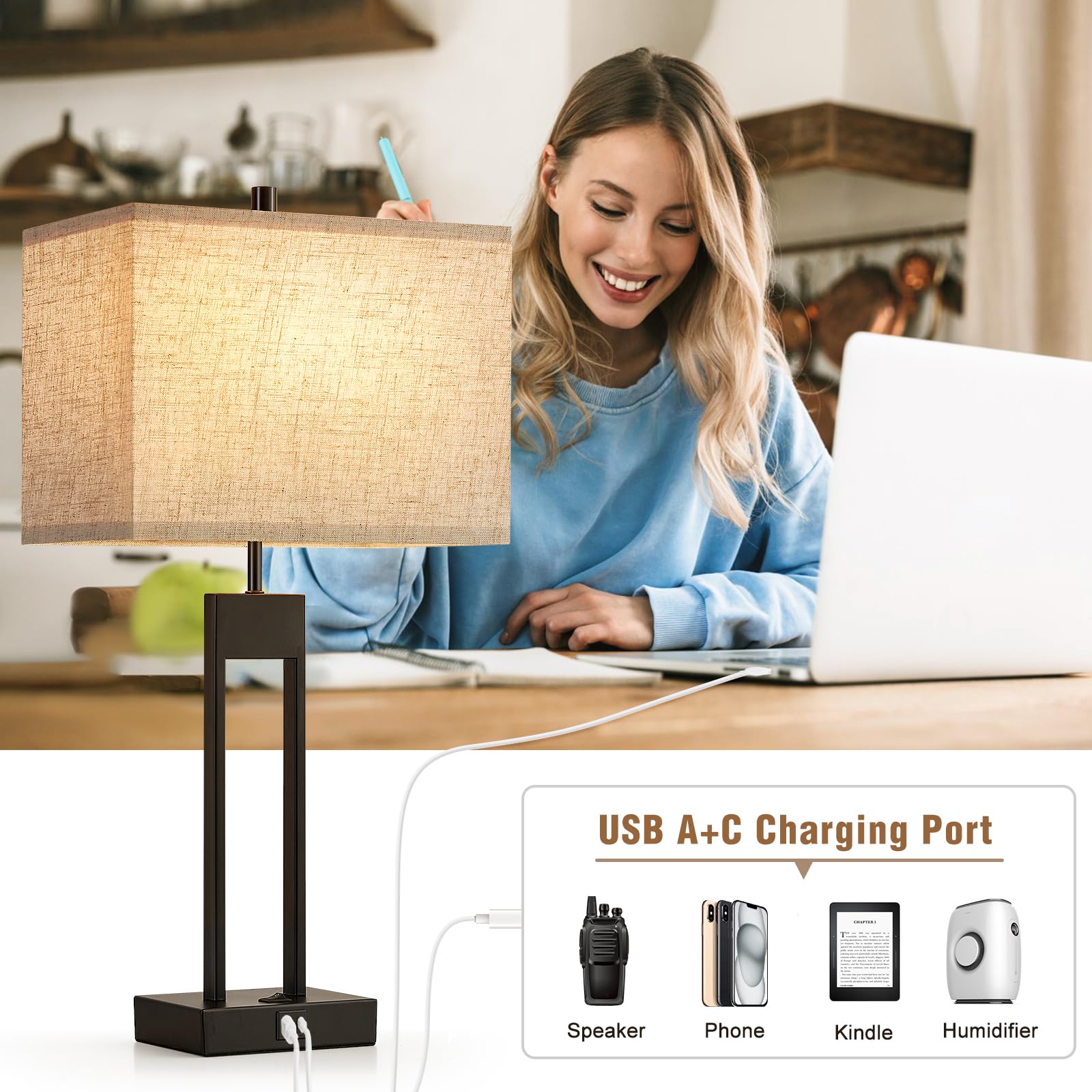 GyroVu nightstand lamps with USB A and C ports to charge devices.