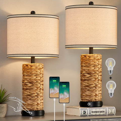 GyroVu rattan table lamp pair with wicker body and natural shade for warm ambience