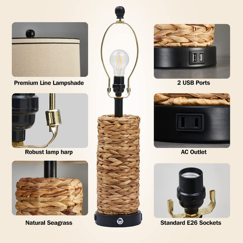 Seagrass GyroVu lamp with USB ports and AC outlet for charging devices
