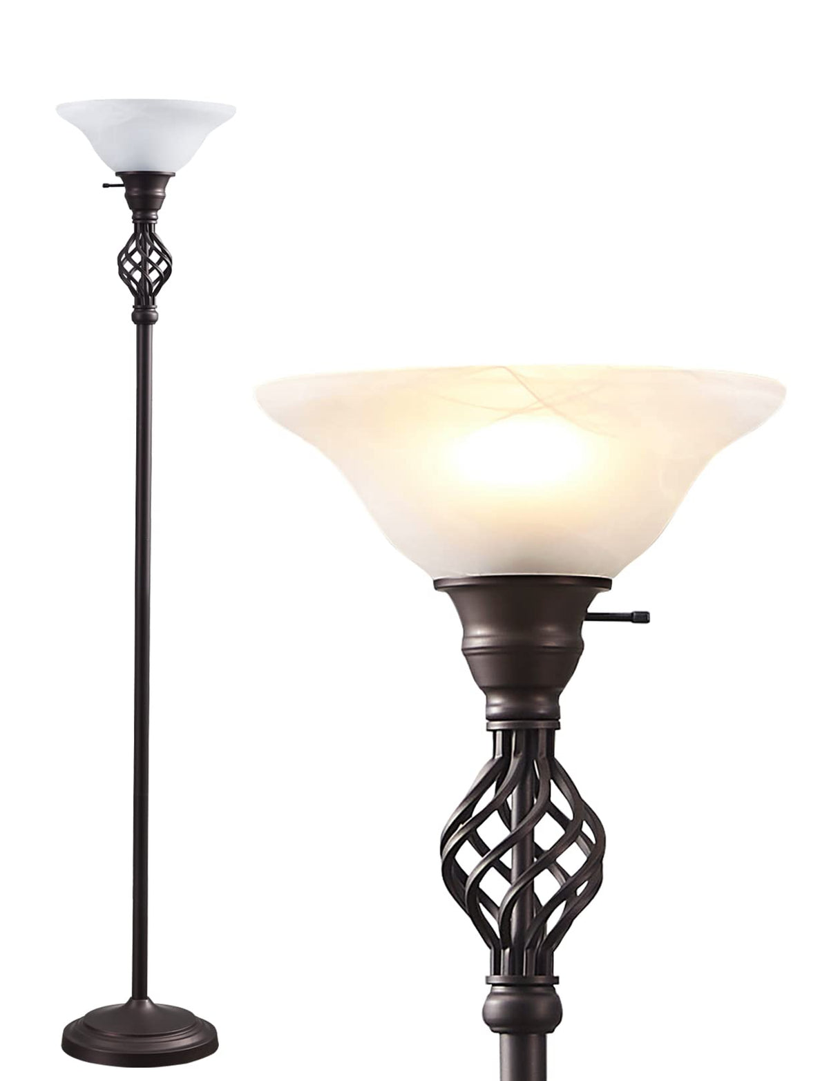 GyroVu torchiere floor lamp with glass shade enhances living room lighting and ambiance.