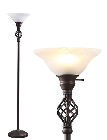 GyroVu torchiere floor lamp with glass shade enhances living room lighting and ambiance.