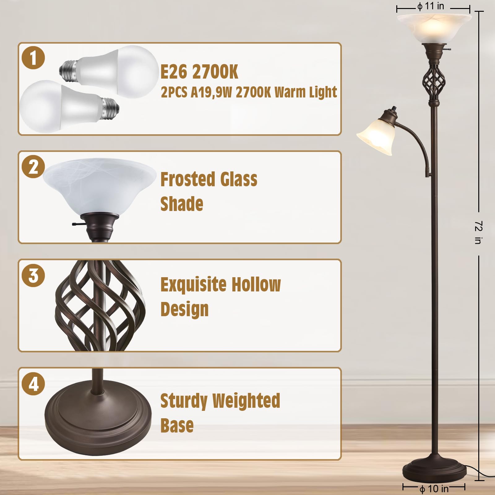 GyroVu torchiere with red brown finish adds warmth and style to a space.