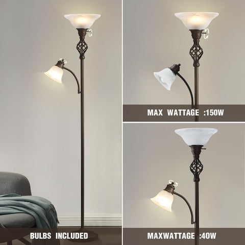 GyroVu torchiere two-head design offers flexible reading light options.