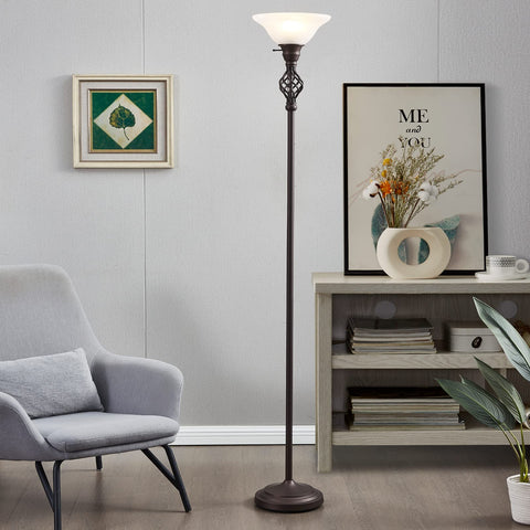 Red brown finish of GyroVu torchiere complements mid-century and contemporary interiors.