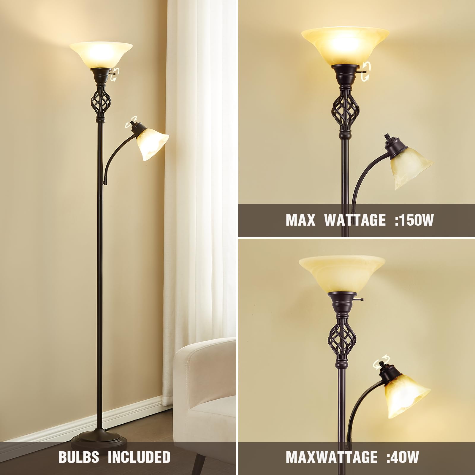 GyroVu torchiere sturdy metal base increases stability in busy rooms.