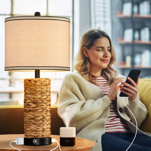 Wicker GyroVu lamp showing dimmable touch control on base