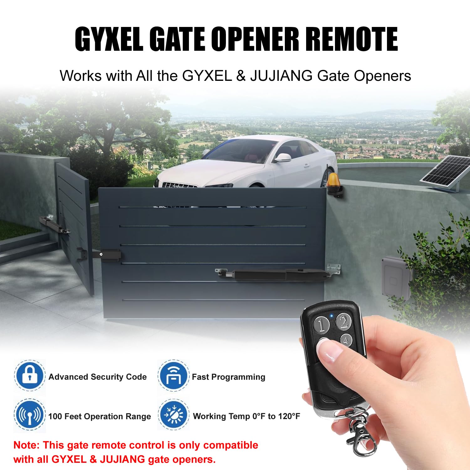 Gyxel Gate Opener Remote buttons demonstrate quick one touch operation.