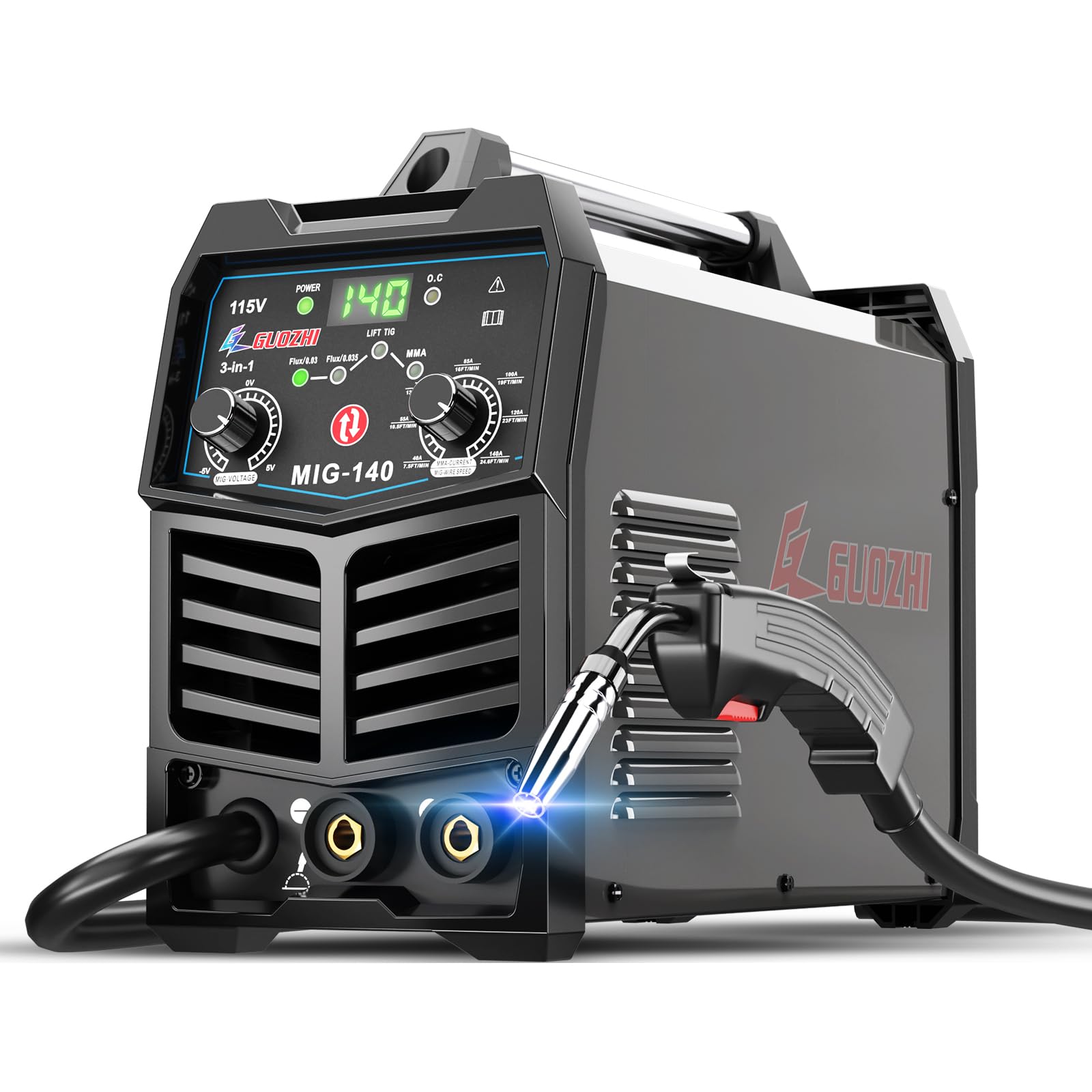 GZ GUOZHI 140A MIG Welder front view, compact for on-site repairs