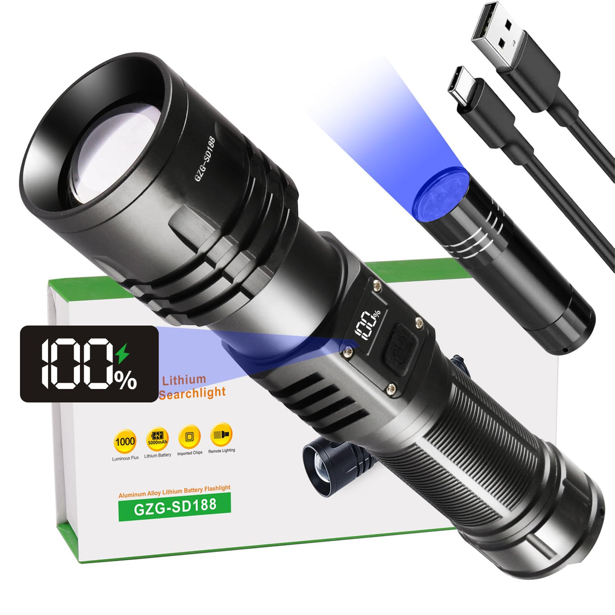 GZGLUZ rechargeable LED flashlight with a powerful long-range beam for outdoor use.