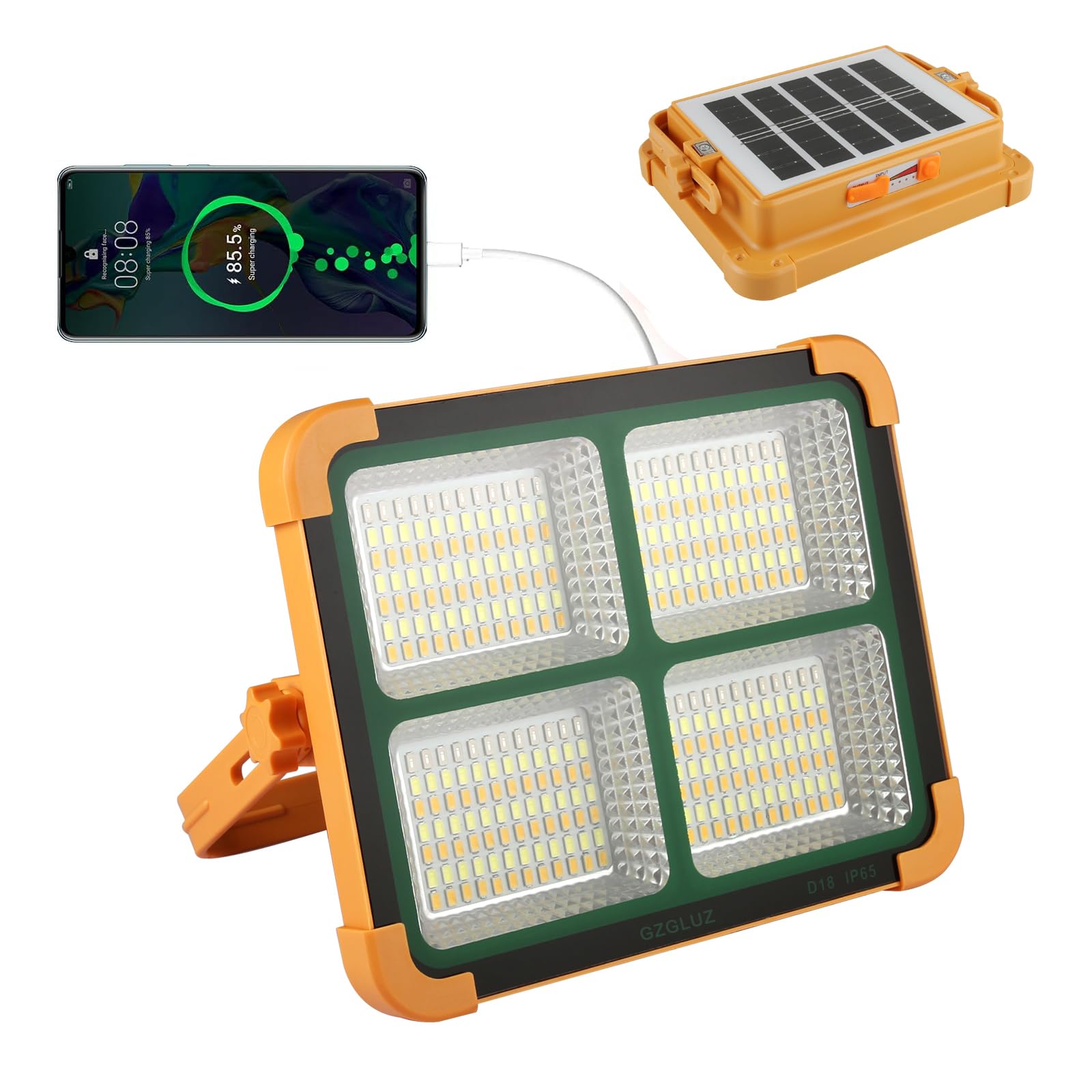 GZGLUZ solar portable work light with 16500mAh battery for extended outdoor use.