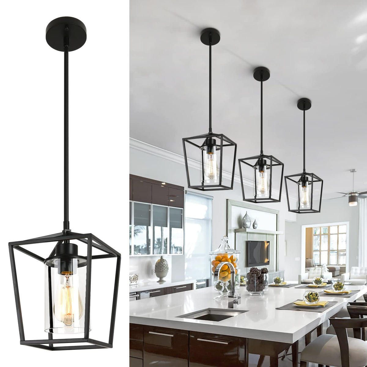 GZJunYo 1-light black pendant with clear glass shade for a modern kitchen focal point