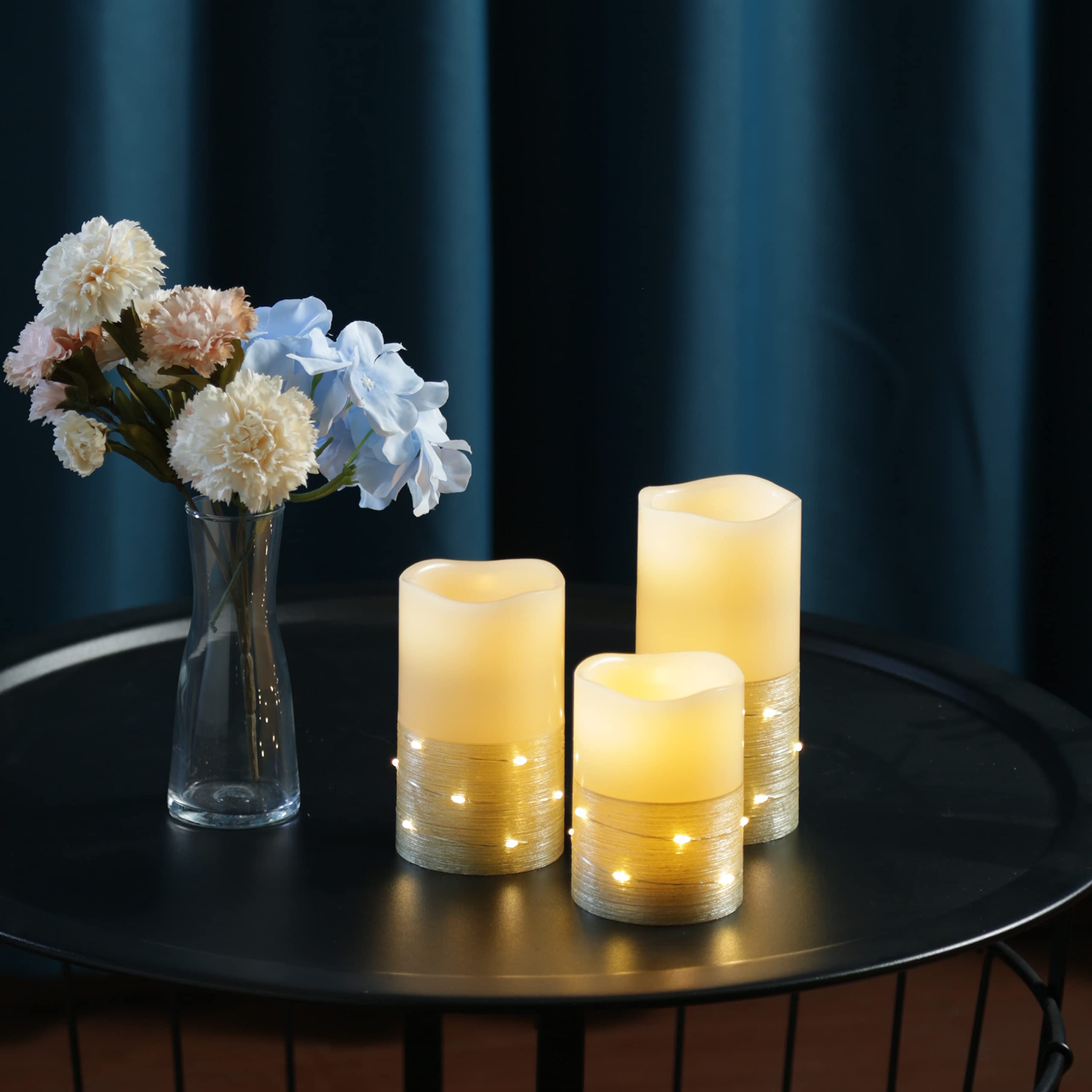 H-BLOSSOM ivory 3x4 inch pillar with silver wire light wrap