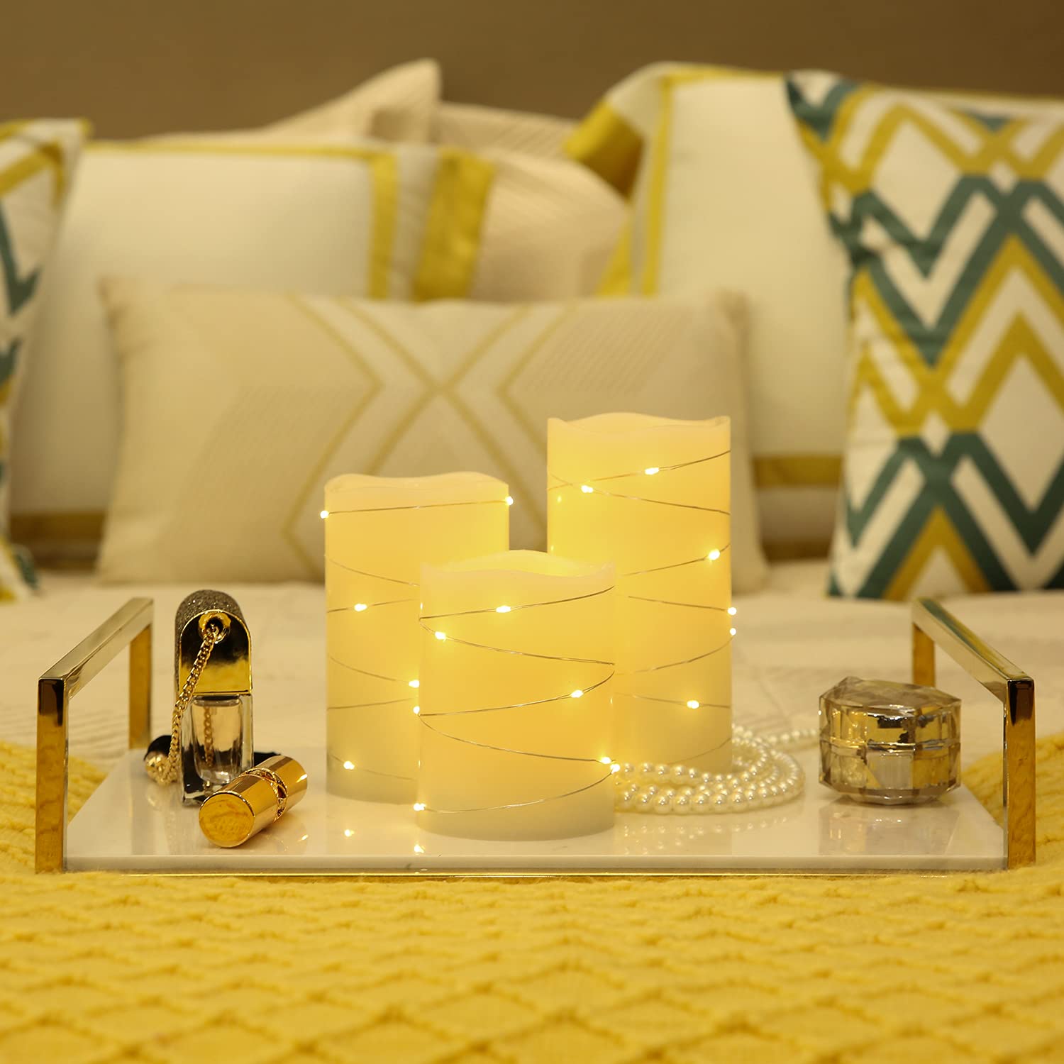 H-BLOSSOM Ivory 5x6 pillar candle with embedded lights for elegant dining lighting