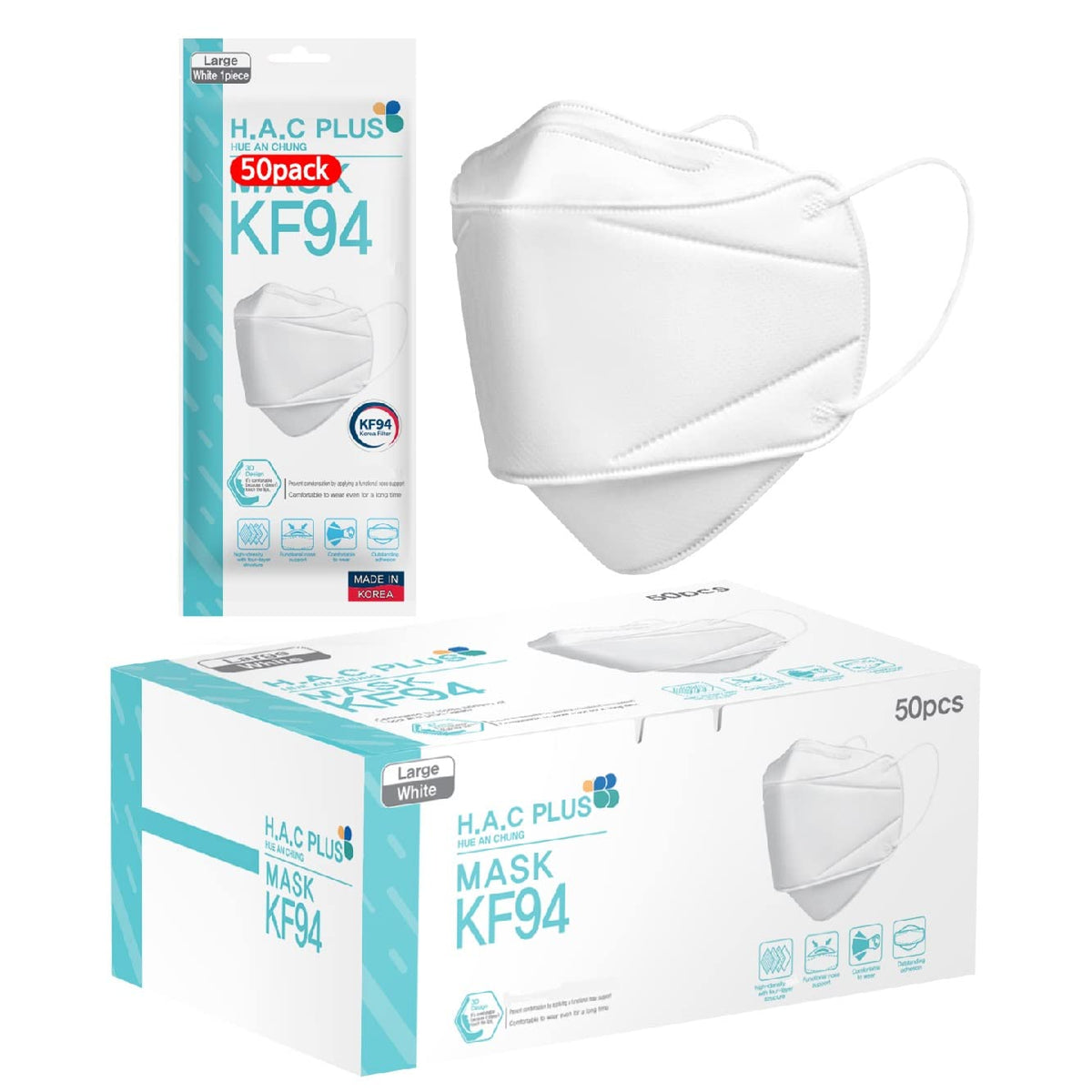 H.A.C PLUS KF94 50-pack box, authentic Korea-made masks for reliable everyday use.
