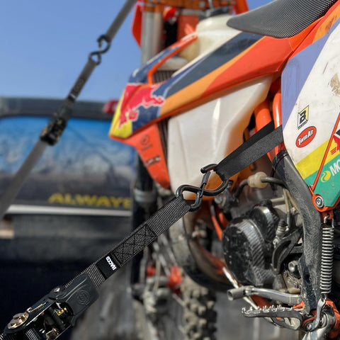 Haccoplanet motorcycle secure tie-down use on a trailer with confidence