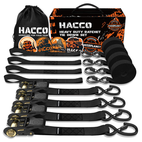 Haccoplanet ratchet tie-down strap on a trailer securing cargo safely