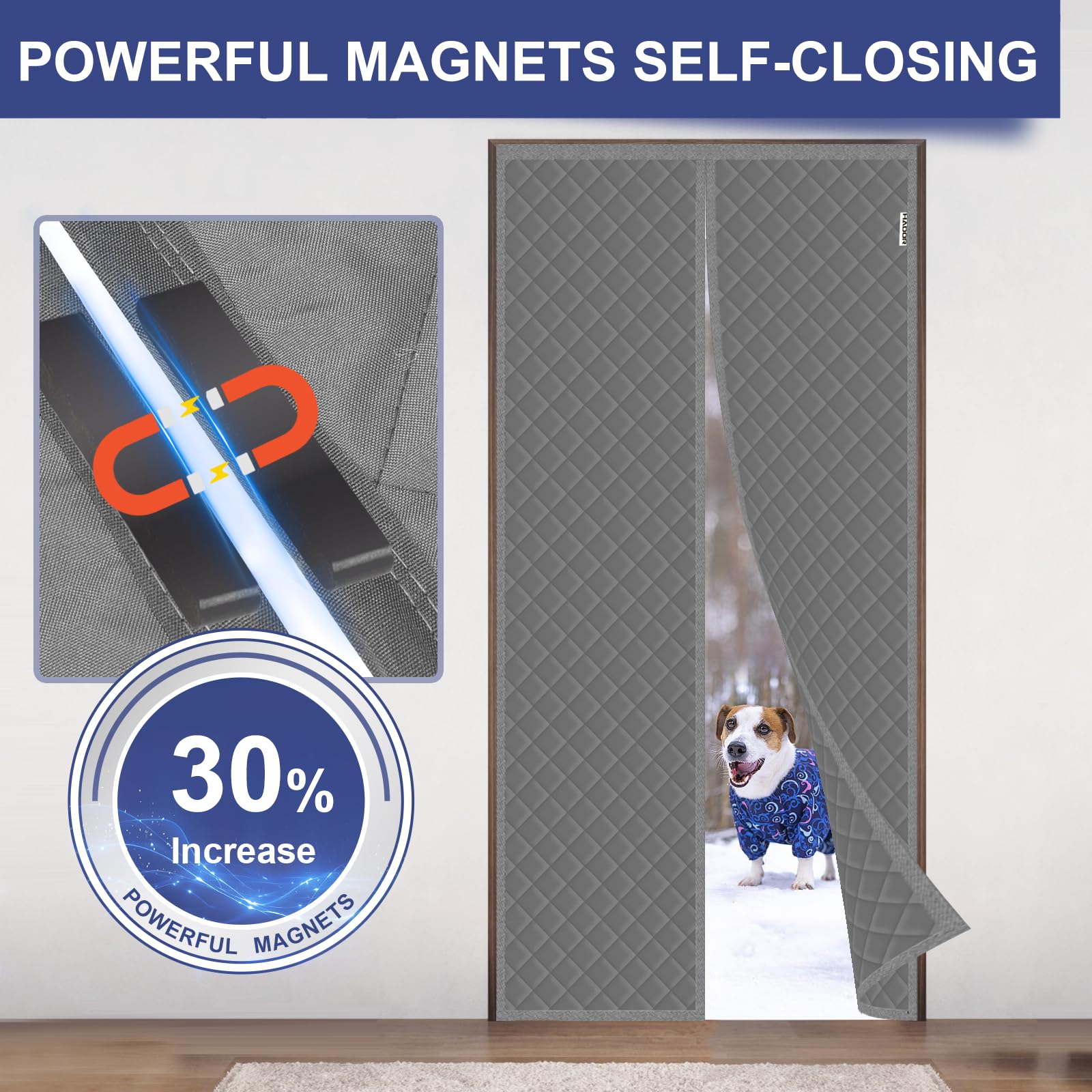 HADOR magnetic-closure door-curtain auto-seals after entry.