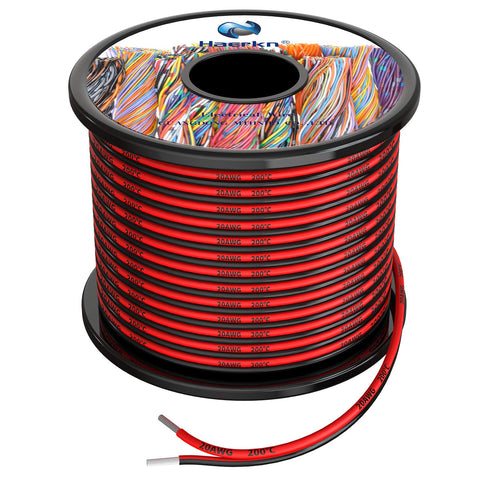 Haerkn 20 AWG silicone wire in black and red; flexible, low-impedance power connections.