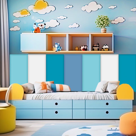 Hahafelt blue wall padding panel mounted to wall offers sturdy wall protection.
