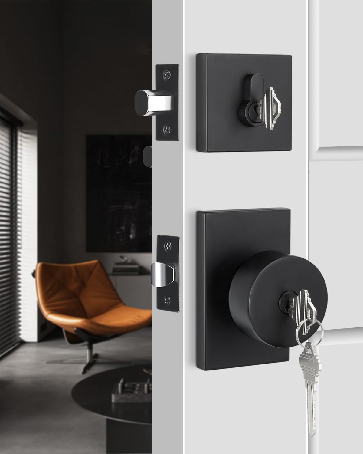 Haidms black door knob with deadbolt front view on matte finish door, stylish and sturdy