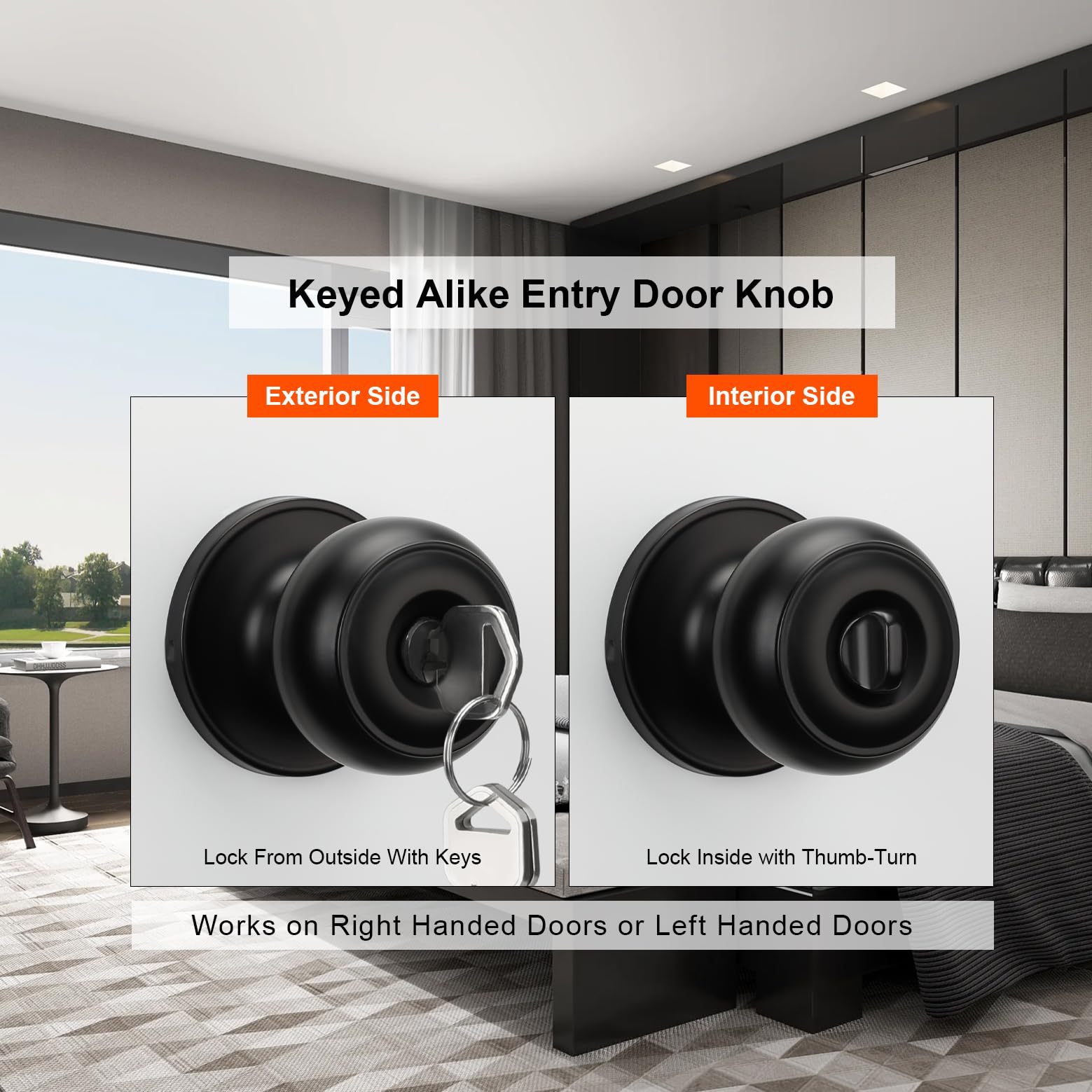 Haidms matte black knob on exterior door for curb appeal and security.