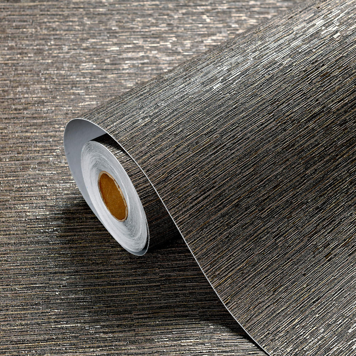 Haimin Grasscloth wallpaper dark brown roll closeup shows textured surface for easy DIY updates.