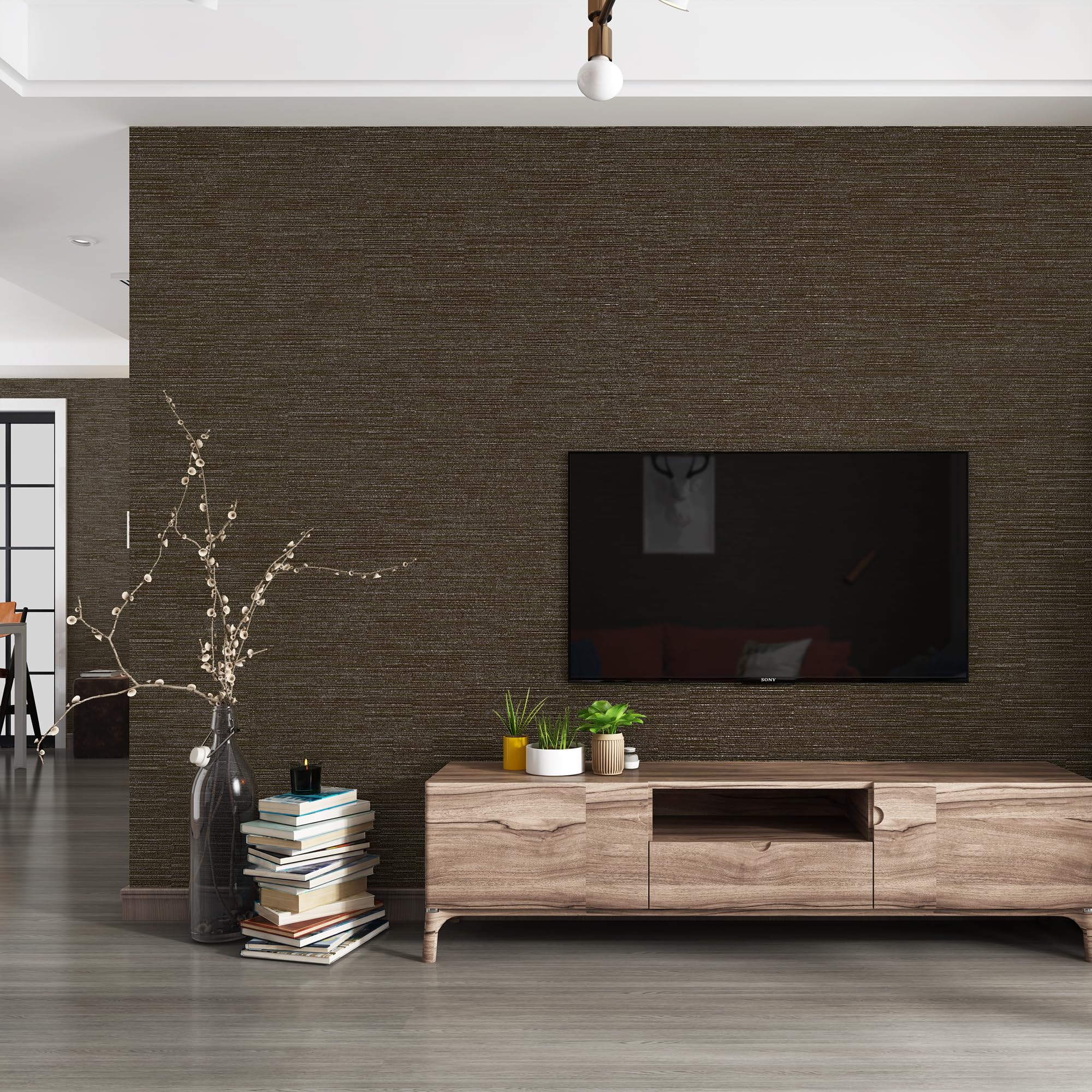 Haimin Grasscloth wallpaper peel and stick application on a smooth wall surface.