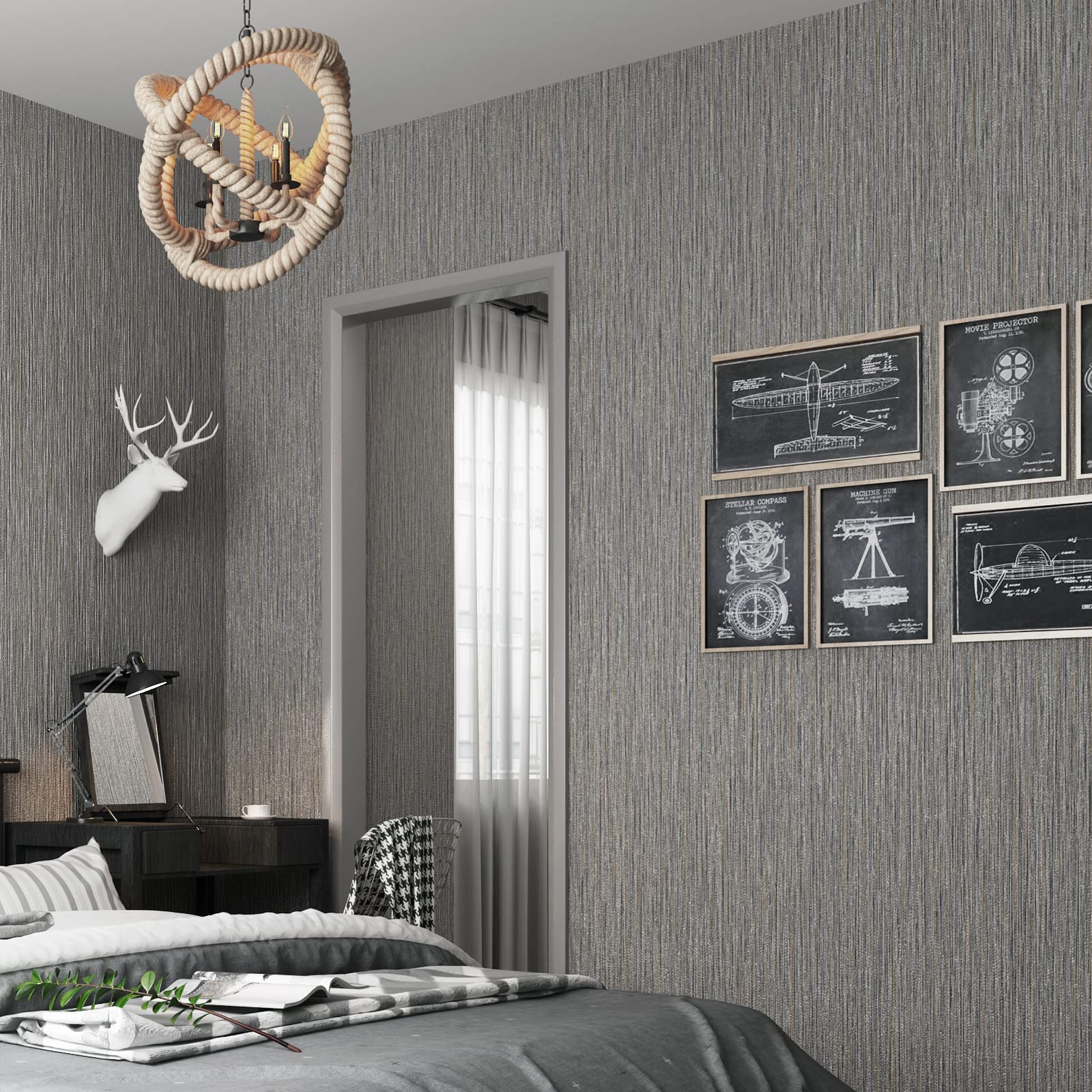 Haimin grasscloth wallpaper textured roll gray-brown features grid lines for precise cuts