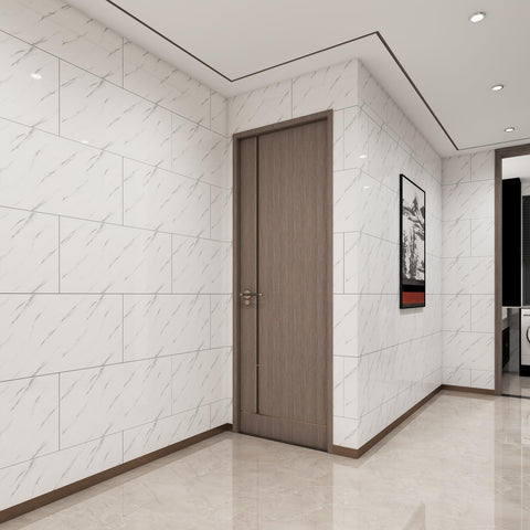 Haimin self-adhesive marble-look panel with water resistance for bathroom walls.