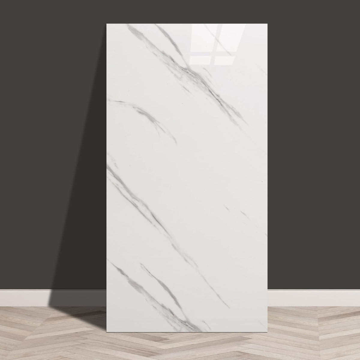 Haimin marble-look wall panel in white, peel-and-stick for quick kitchen backsplash.
