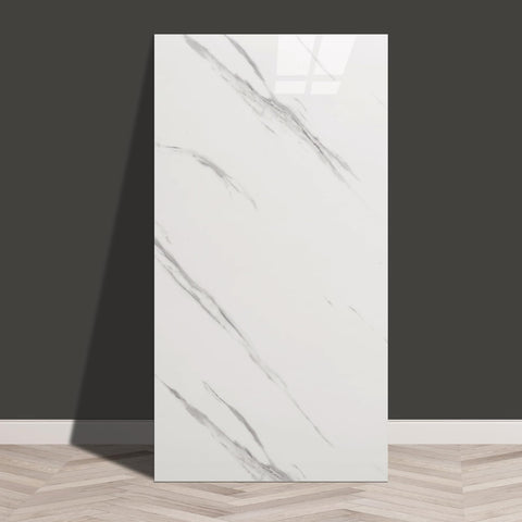 Haimin marble-look wall panel in white, peel-and-stick for quick kitchen backsplash.