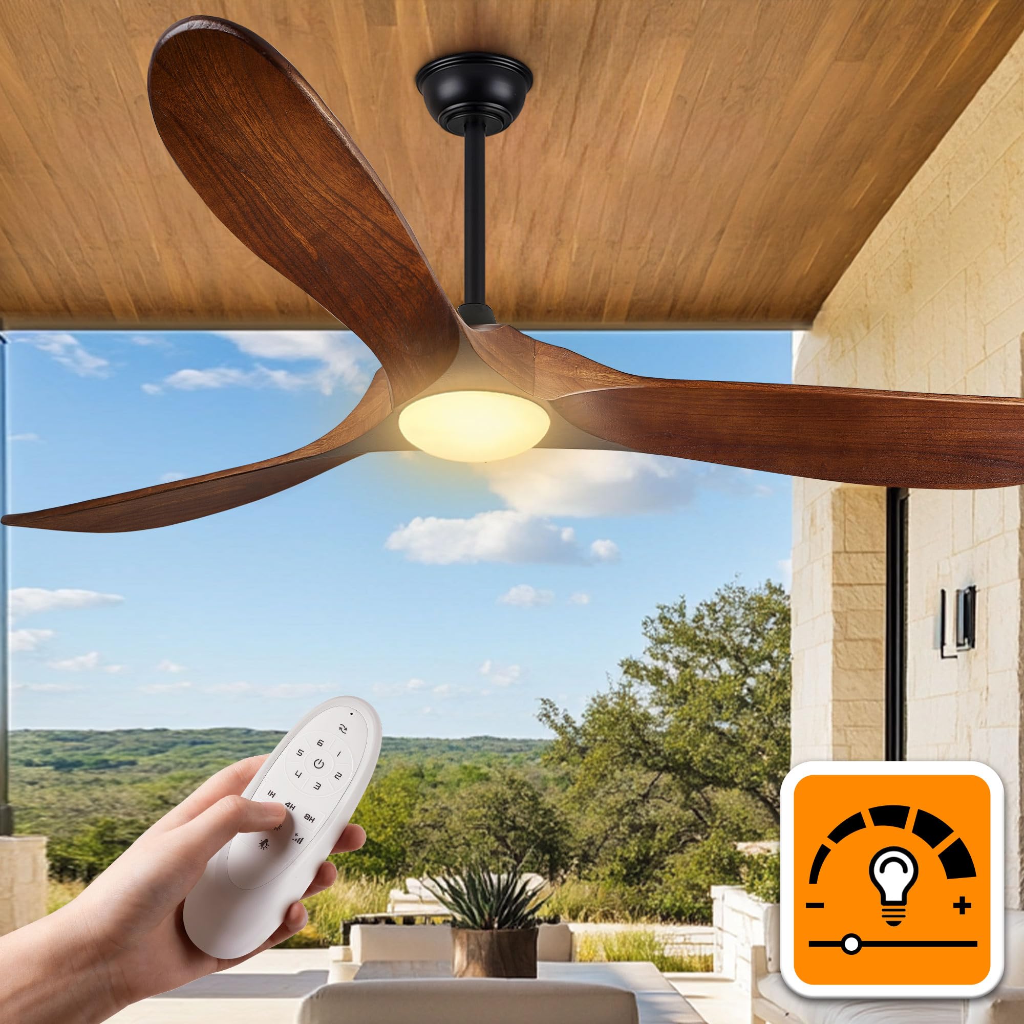 Haipeel 52in ceiling fan blade detail highlights walnut wood and smooth finish for outdoor use